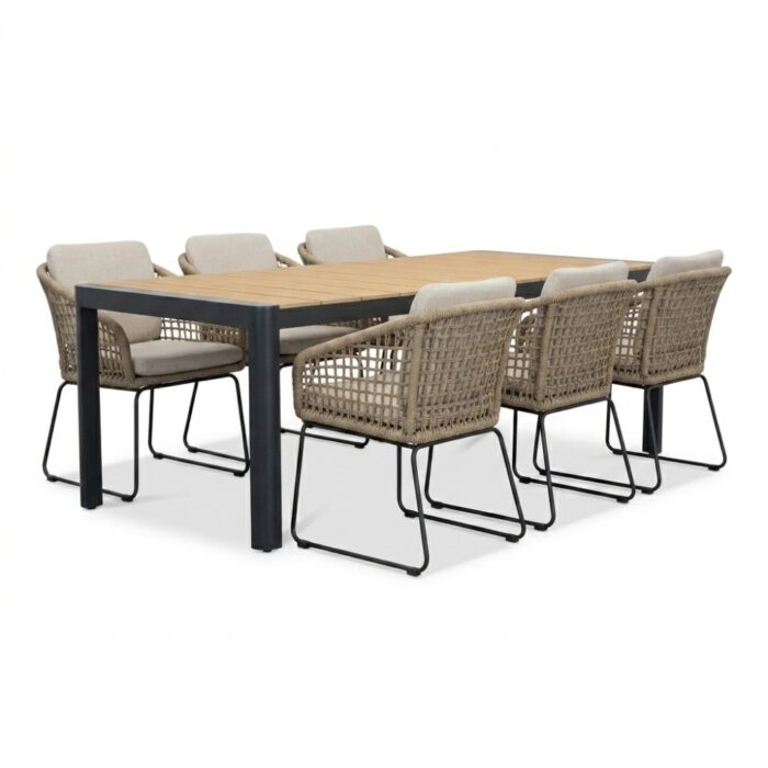 LUX outdoor living Liverpool/Tulum Sahara Dust dining tuinset | 6 personen | polywood + touw | 205cm – Naturel