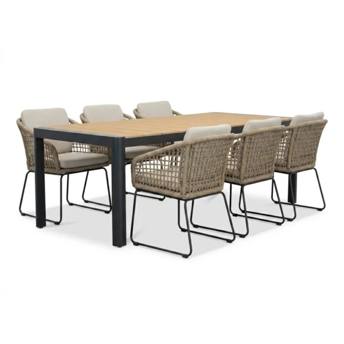 LUX outdoor living Liverpool/Tulum Sahara Dust dining tuinset | 6 personen | polywood + touw | 205cm - Naturel