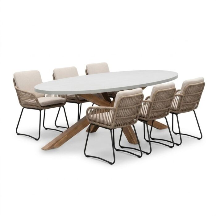 BUITEN living Livorno/Harper Sahara Dust dining tuinset | 6 personen | polystone + touw | 240cm – Betonlook