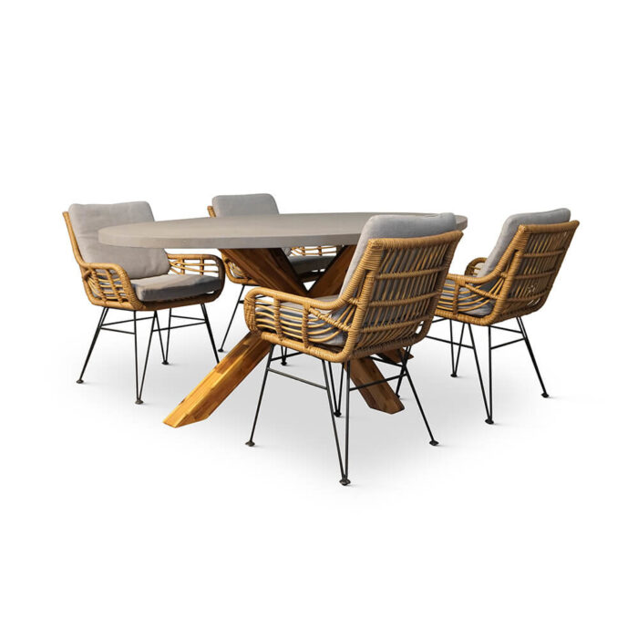 BUITEN living Livorno/Carlos taupe dining tuinset | 4 personen | betonlook + hardhout | 200cm ovaal – Taupe – Naturel – Bruin, Betonlook