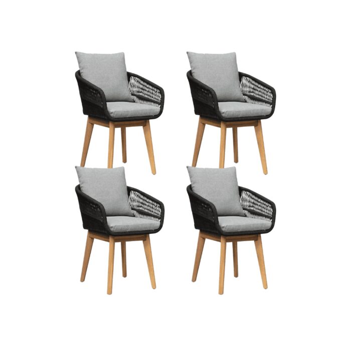 BUITEN living Bella dining tuinstoel set van 4 | touw + hardhout | zwart
