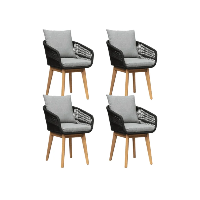 BUITEN living Bella dining tuinstoel set van 4 | touw + hardhout | zwart