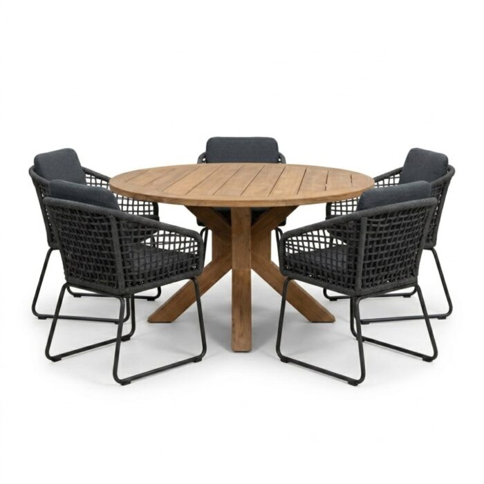 BUITEN living Genua/Tulum Lava Grey dining tuinset | 5 personen | teakhout + touw | 140cm – Natural Teak