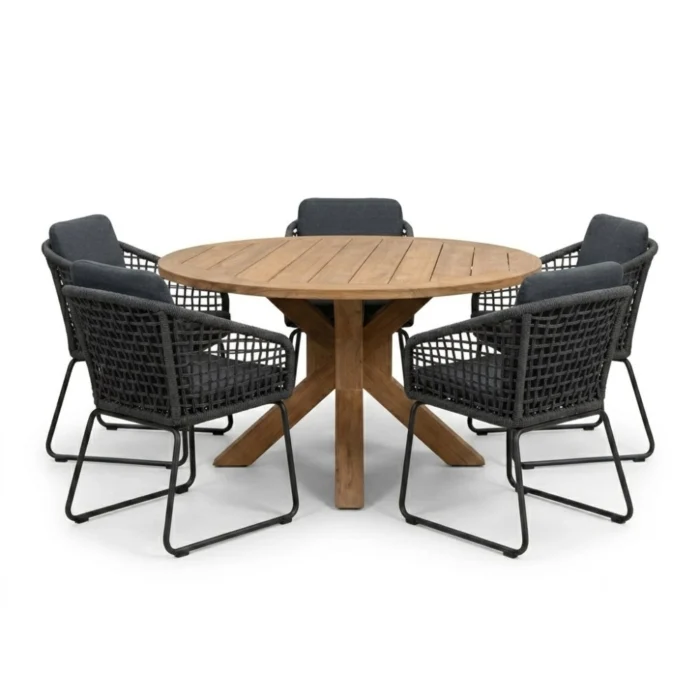 BUITEN living Genua/Tulum Lava Grey dining tuinset | 5 personen | teakhout + touw | 140cm - Natural Teak