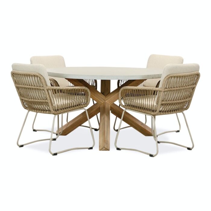 BUITEN living Nancy/Harper Sandstone dining tuinset | 4 personen | betonlook + touw | 135cm rond – Zand