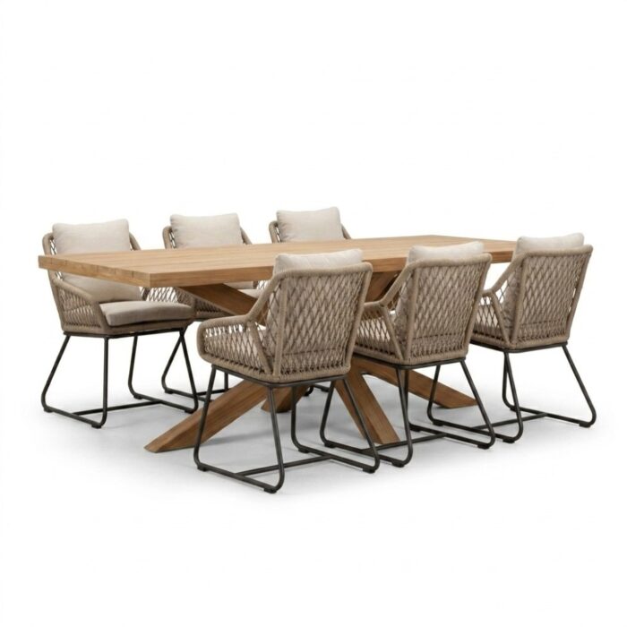 BUITEN living Napoli/Portofino Sahara Dust dining tuinset | 6 personen | teakhout + touw | 250cm – Natural Teak