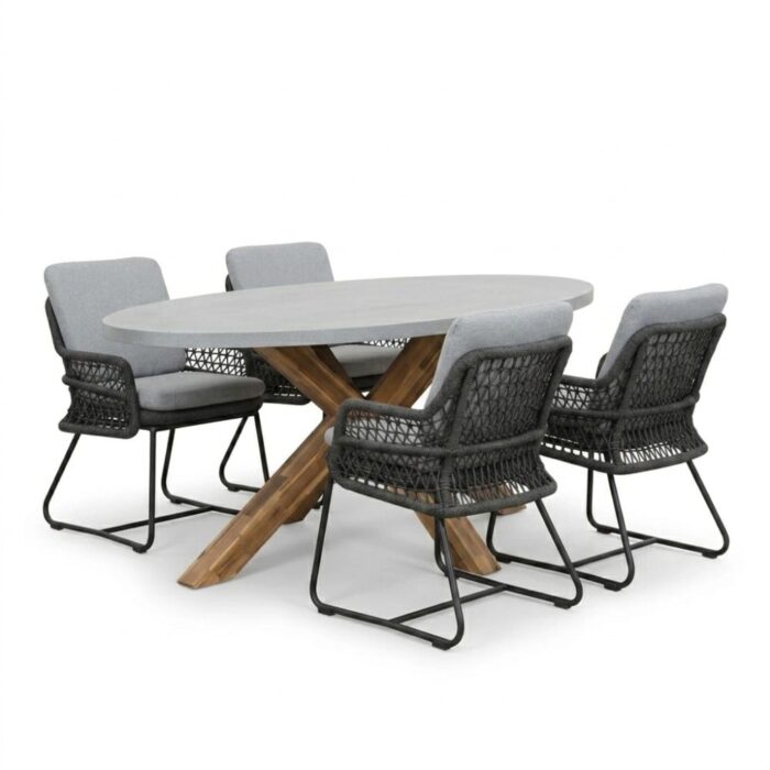 BUITEN living Livorno/Gianna Stone Grey dining tuinset | 4 personen | polystone + touw | 200cm – Betonlook