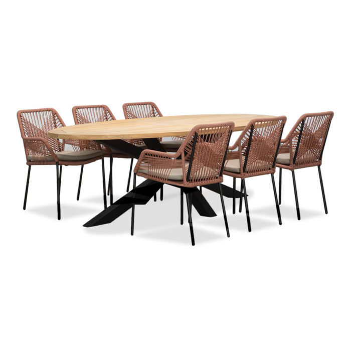LUX outdoor living Cleve/Seville terra dining tuinset | 6 personen | teakhout + touw | 240cm ovaal – Zwart, Rood