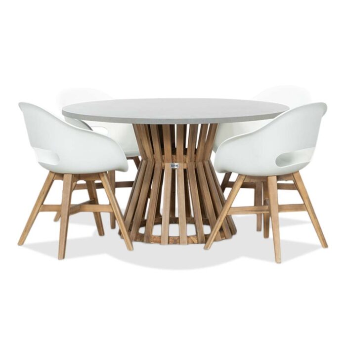 BUITEN living Elzas/Karlstad wit dining tuinset | 4 personen | betonlook + hardhout | 135cm rond – Light Teak, Betonlook, Wit