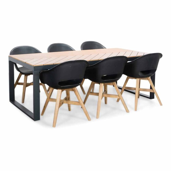 LUX outdoor living Kampa Natural/Karlstad zwart dining tuinset | 6 personen | polywood + kunststof | 210cm – Taupe – Naturel – Bruin, Zwart
