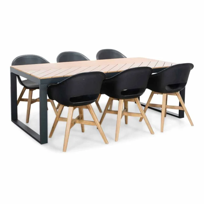 LUX outdoor living Kampa Natural/Karlstad zwart dining tuinset | 6 personen | polywood + kunststof | 210cm - Taupe - Naturel - Bruin, Zwart