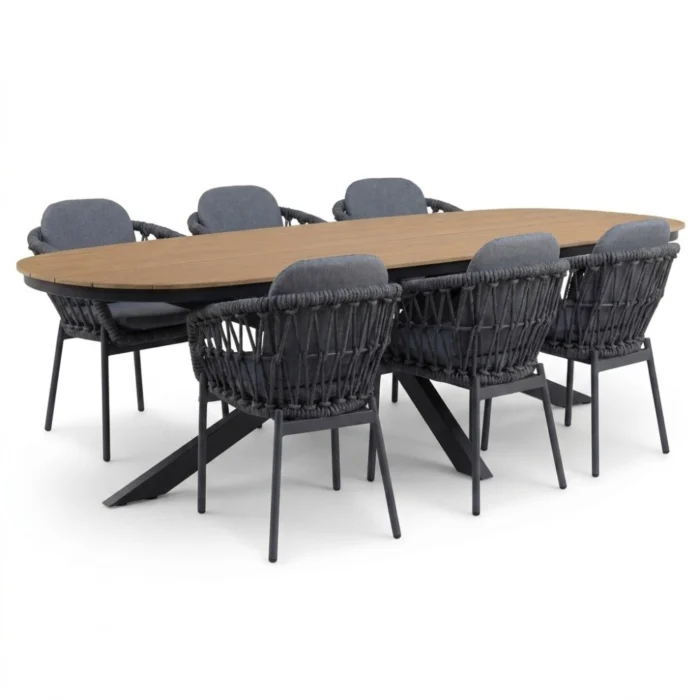LUX outdoor living Texas/Femke antraciet dining tuinset | 6 personen | polywood + touw | 260cm
