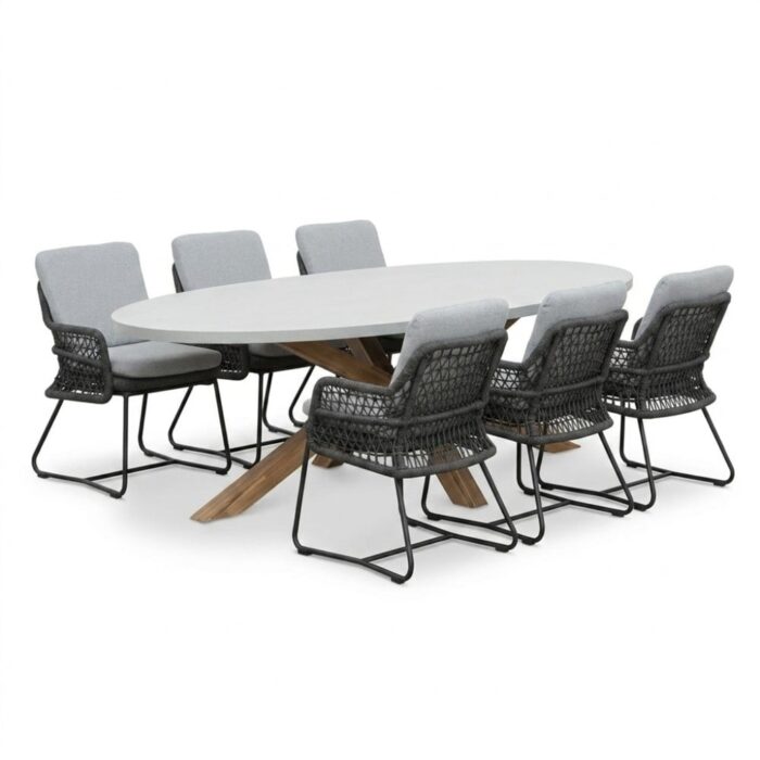 BUITEN living Livorno/Gianna Stone Grey dining tuinset | 6 personen | polystone + touw | 240cm – Betonlook
