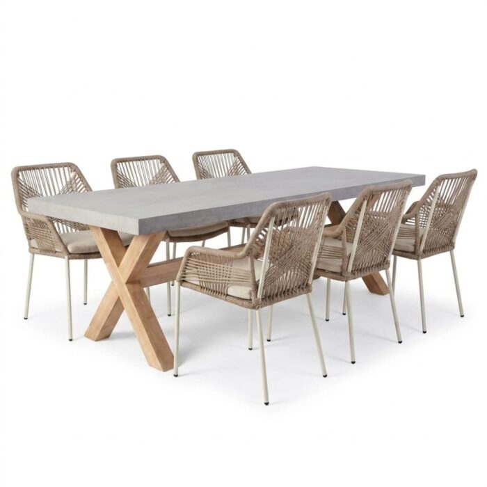BUITEN living Norwich/Seville beige dining tuinset | 6 personen | polystone + touw | 250cm