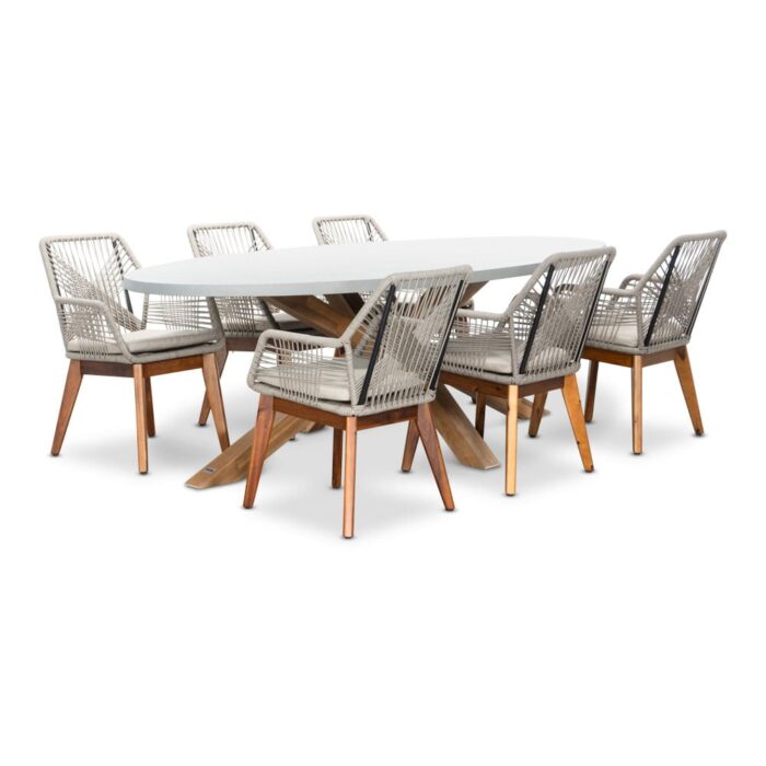 BUITEN living Livorno/Seville hout zand dining tuinset | 6 personen | betonlook + touw | 240cm ovaal – Light Teak, Betonlook