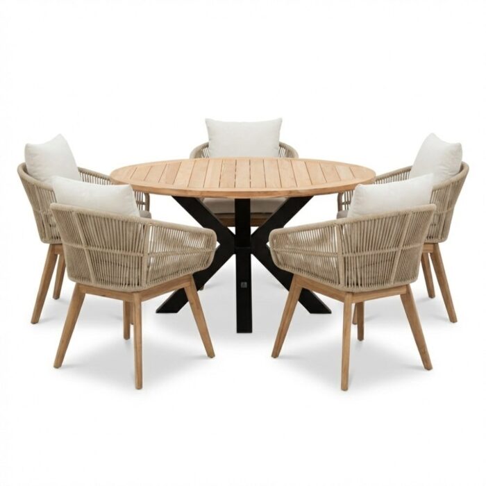 LUX outdoor living Cleve/Bella zand dining tuinset | 5 personen | teakhout + touw | 140cm rond