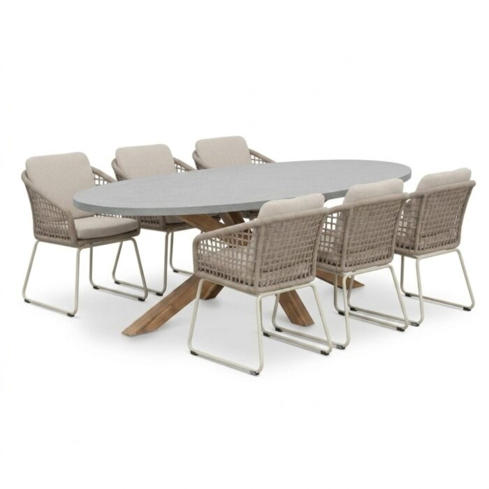 BUITEN living Livorno/Tulum Almond Beige dining tuinset | 6 personen | polystone + touw | 240cm