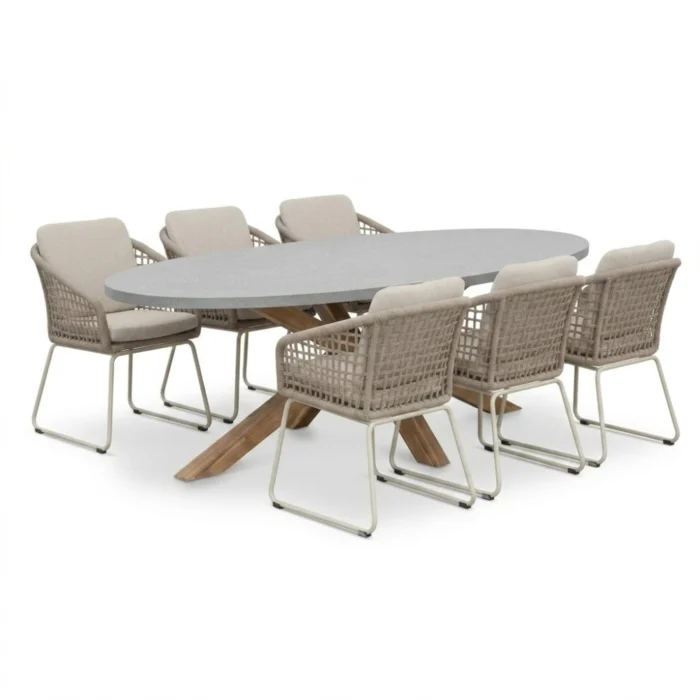 BUITEN living Livorno/Tulum Almond Beige dining tuinset | 6 personen | polystone + touw | 240cm