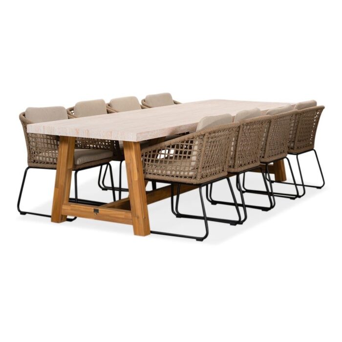 BUITEN living Velora/Tulum Sahara Dust dining tuinset | 8 personen | travertin + touw | 300cm – Zand