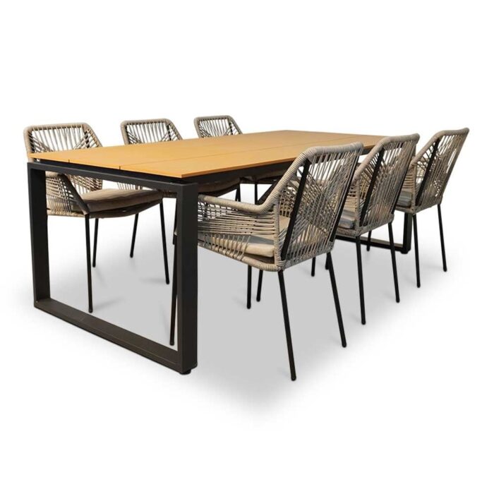LUX outdoor living Helsinki Natural/Seville zand dining tuinset | 6 personen | polywood + touw | 210cm – Taupe – Naturel – Bruin, Light Teak