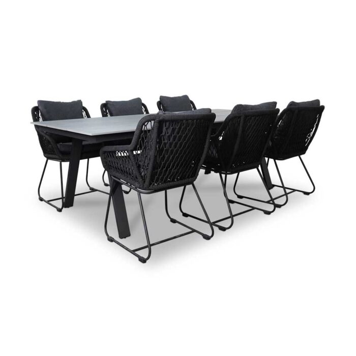 LUX outdoor living Oslo Grey/Portofino zwart dining tuinset | 6 personen | polywood + touw | 220cm – Light Teak, Zwart