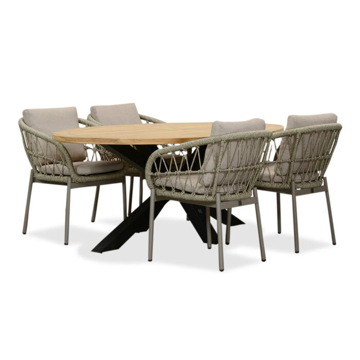 LUX outdoor living Cleve/Dakota beige dining tuinset | 4 personen | teakhout + touw | 200cm ovaal – Zand