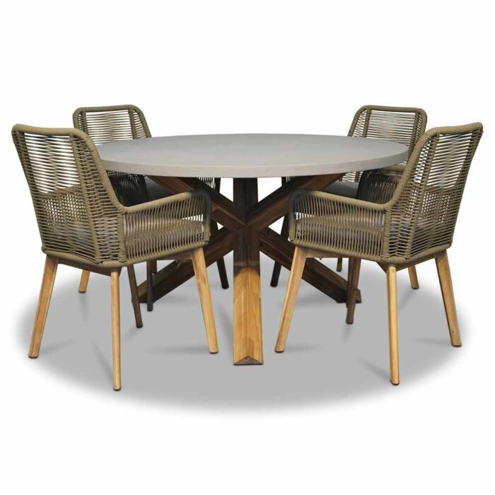 BUITEN living Nancy/Padua dining tuinset | 4 personen | betonlook + touw | 135cm rond – Olijfgroen, Betonlook