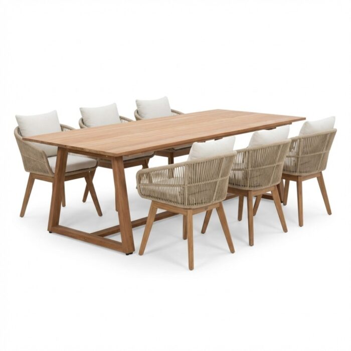 BUITEN living Gotenburg/Bella zand dining tuinset | 6 personen | teakhout + touw | 250cm