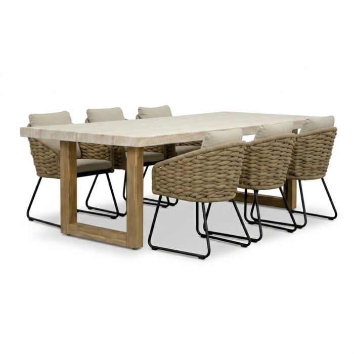 BUITEN living Laurenne/Flora Sahara Dust dining tuinset | 6 personen | polystone + touw | 250cm – Travertin