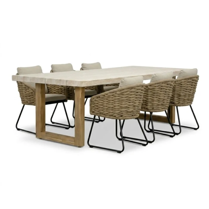 BUITEN living Laurenne/Flora Sahara Dust dining tuinset | 6 personen | polystone + touw | 250cm - Travertin