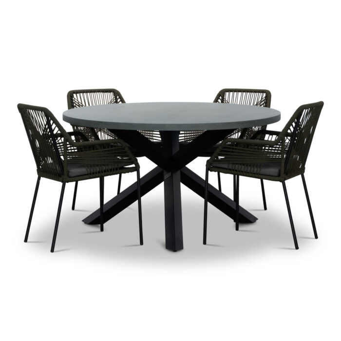BUITEN living Meran/Seville olijfgroen dining tuinset | 4 personen | betonlook + touw | 135cm rond – Grijs