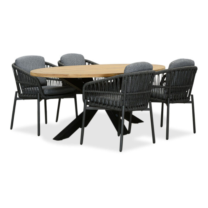 LUX outdoor living Cleve/Rico charcoal dining tuinset | 4 personen | teakhout + aluminium | 200cm ovaal – Zwart