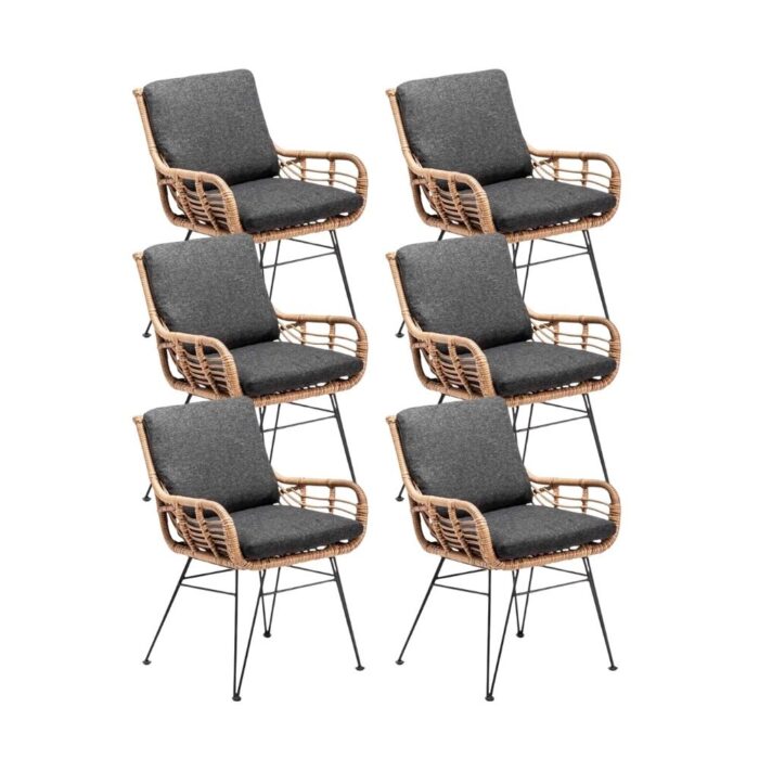 BUITEN living Carlos dining tuinstoel set van 6 | wicker + RVS | Bamboo antraciet