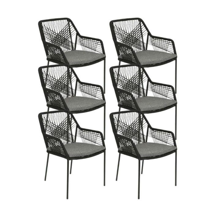 BUITEN living Seville dining tuinstoel set van 6 | touw + staal | zwart