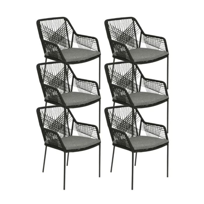 BUITEN living Seville dining tuinstoel set van 6 | touw + staal | zwart