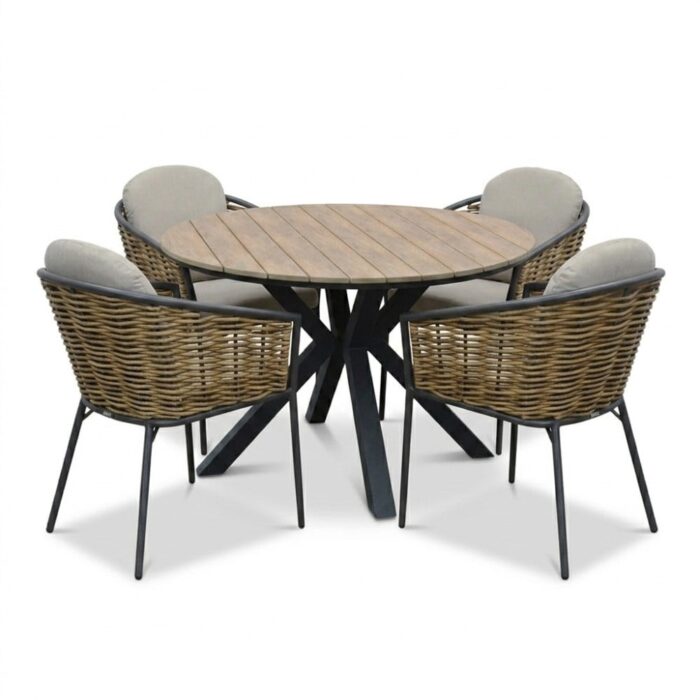 LUX outdoor living Cervo bruin/Lucca dining tuinset | 4 personen | polywood + wicker | 120cm rond – Zand