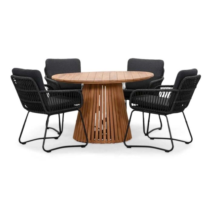 BUITEN living Palau/Harper Lava Grey dining tuinset | 4 personen | teakhout + touw | 120cm – Grijs