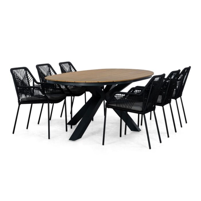 Lesli Living Arezzo/Seville zwart dining tuinset | 6 personen | polywood + touw | 240cm ovaal – Taupe – Naturel – Bruin, Zwart