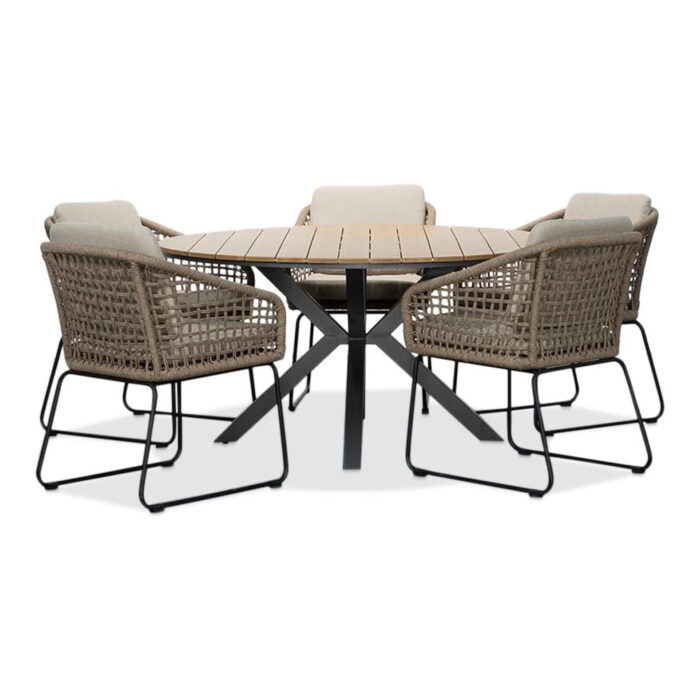 LUX outdoor living Cervo Natural/Tulum Sahara Dust dining tuinset | 5 personen | polywood + touw | 144cm rond – Zand