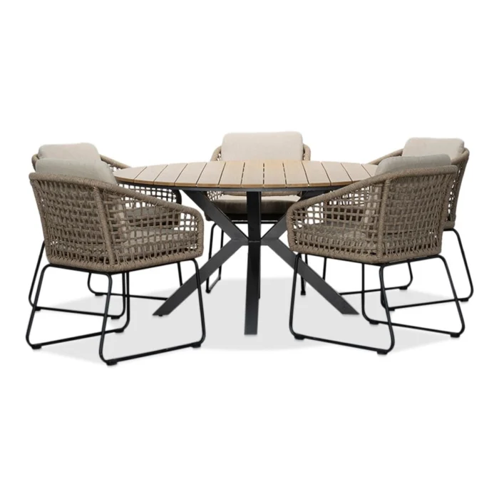 LUX outdoor living Cervo Natural/Tulum Sahara Dust dining tuinset | 5 personen | polywood + touw | 144cm rond - Zand
