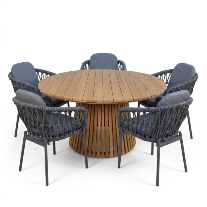 BUITEN living Palau/Femke antraciet dining tuinset | 5 personen | teakhout + touw | Ø140cm rond