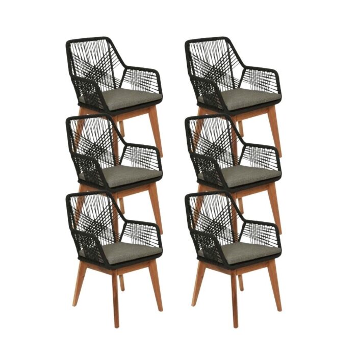 BUITEN living Seville dining tuinstoel set van 6 | touw + hardhout | zwart