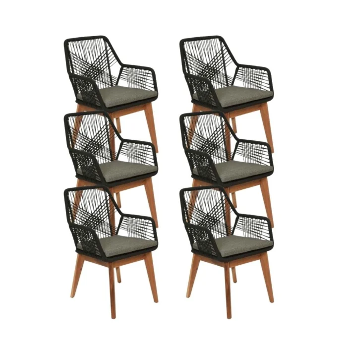 BUITEN living Seville dining tuinstoel set van 6 | touw + hardhout | zwart