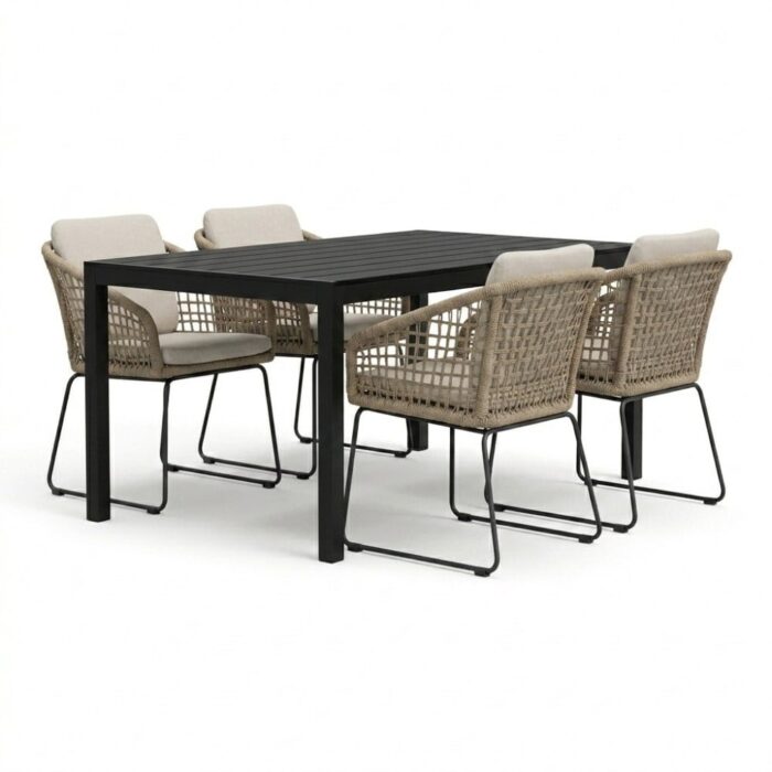 LUX outdoor living Manchester zwart/Tulum Sahara Dust dining tuinset | 4 personen | polywood + touw | 205cm