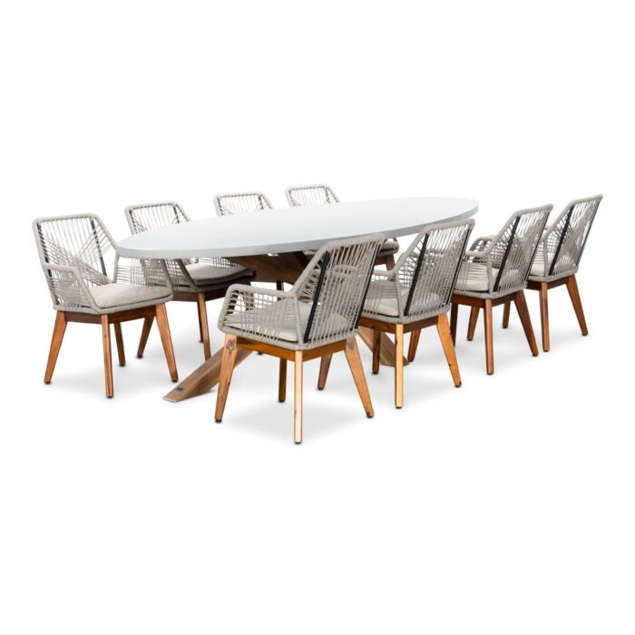 BUITEN living Livorno/Seville hout zand dining tuinset | 8 personen | betonlook + touw | 280cm ovaal – Light Teak, Betonlook