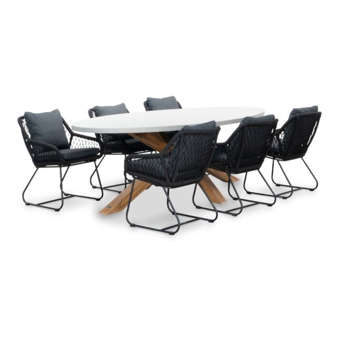 BUITEN living Livorno/Portofino zwart dining tuinset | 6 personen | betonlook + touw | 240cm ovaal – Light Teak, Betonlook, Zwart