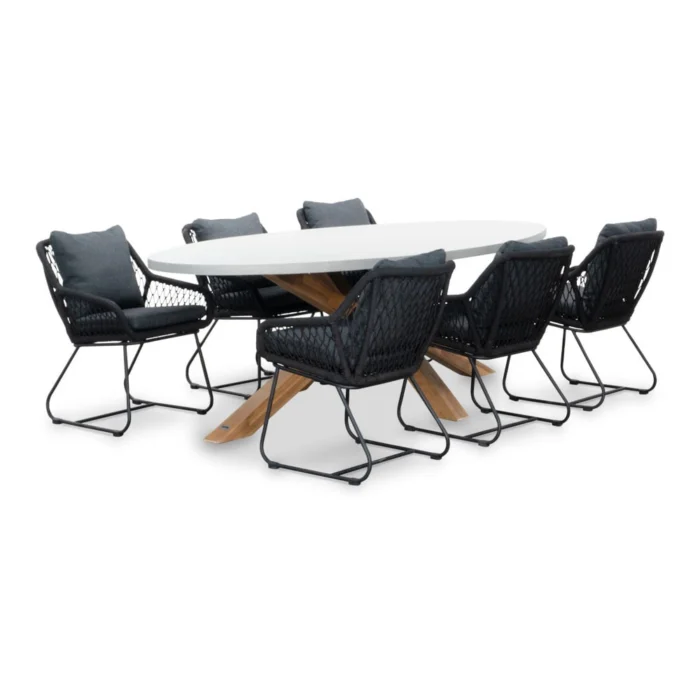 BUITEN living Livorno/Portofino zwart dining tuinset | 6 personen | betonlook + touw | 240cm ovaal - Light Teak, Betonlook, Zwart
