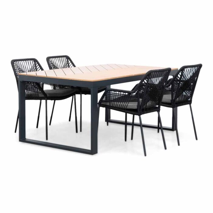 LUX outdoor living Kampa Natural/Seville zwart dining tuinset | 4 personen | polywood + touw | 160cm – Taupe – Naturel – Bruin, Zwart