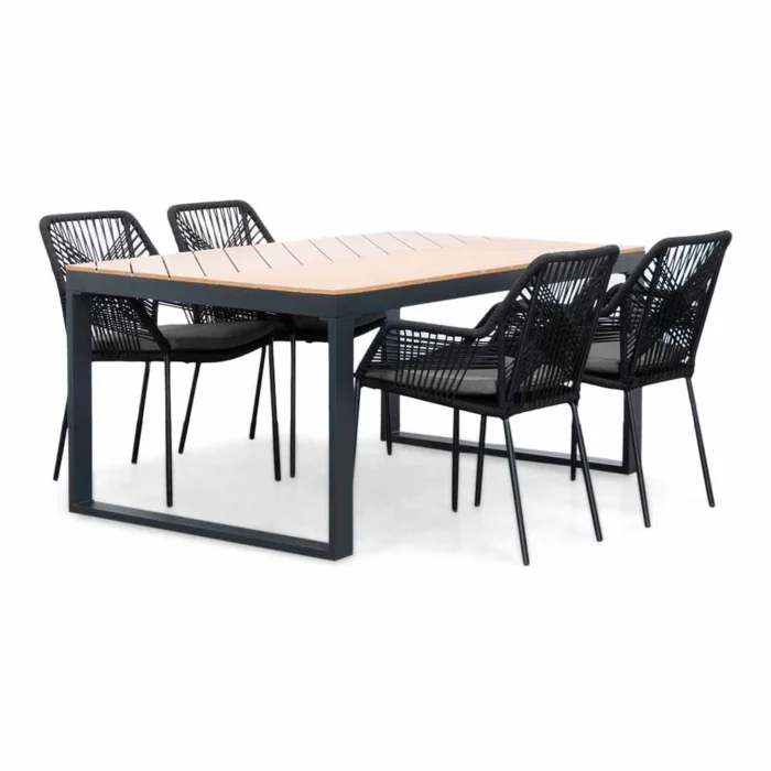 LUX outdoor living Kampa Natural/Seville zwart dining tuinset | 4 personen | polywood + touw | 160cm - Taupe - Naturel - Bruin, Zwart