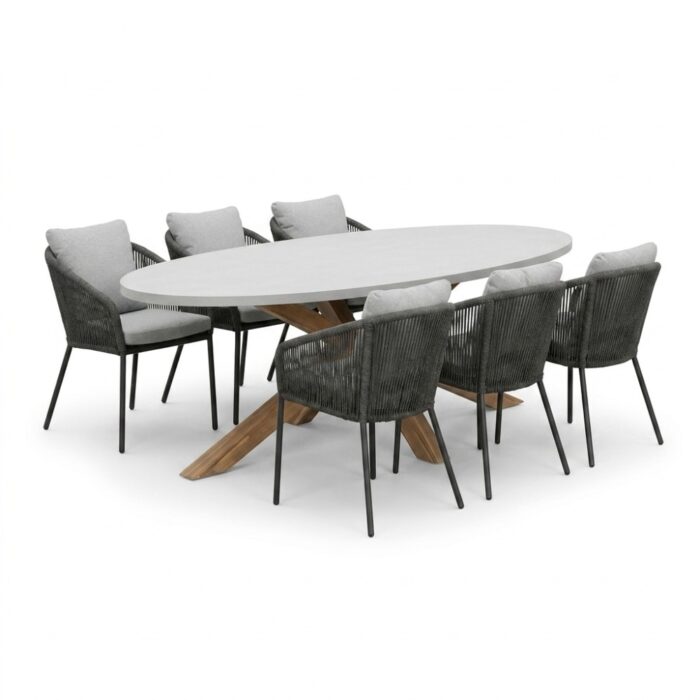 BUITEN living Livorno/Lexis Stone Grey dining tuinset | 6 personen | polystone + touw | 240cm – Betonlook